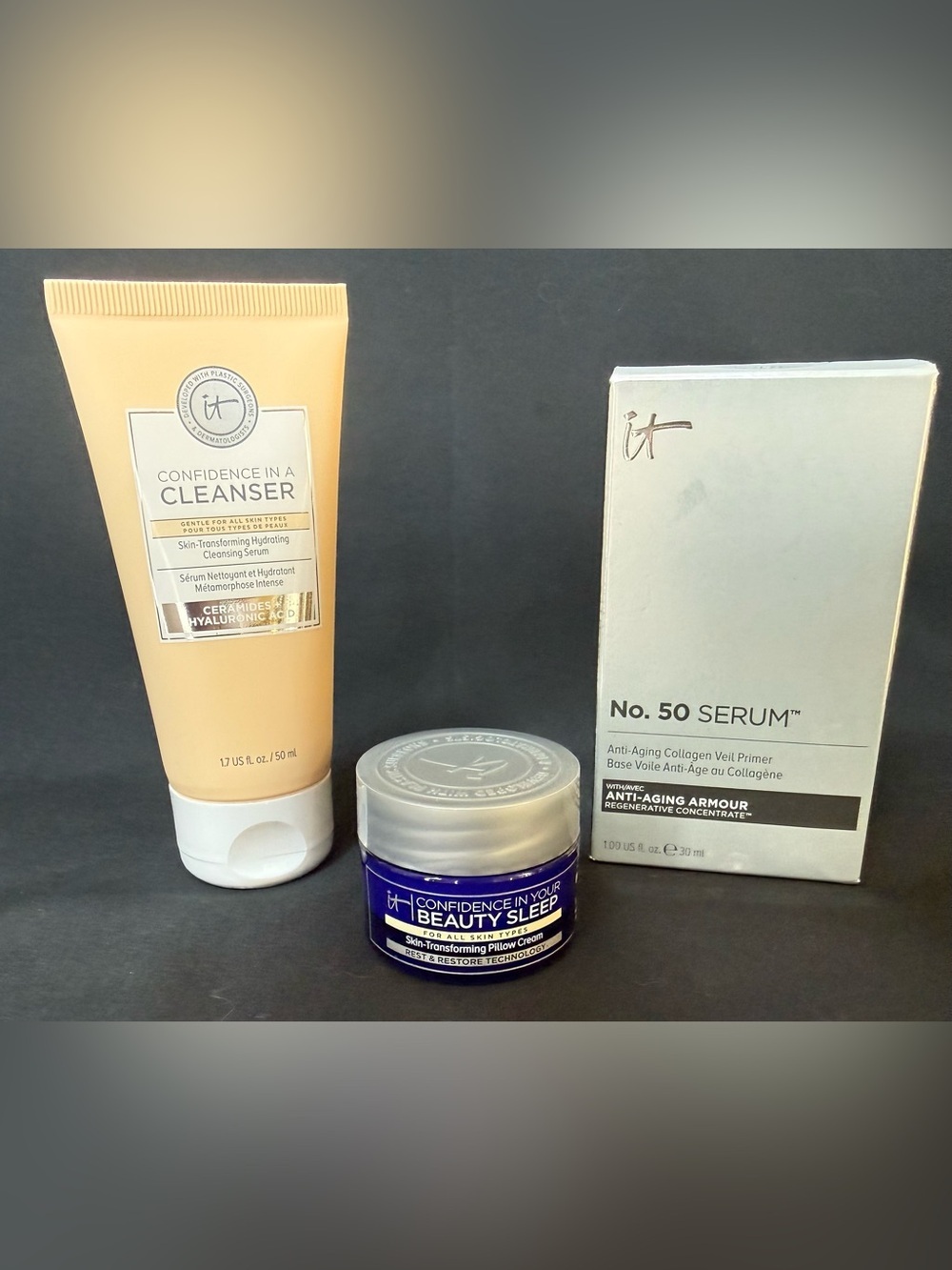 IT Cosmetics Trio of Skin Care Confidence Cleanser, No 50 Serum, Moisturizer